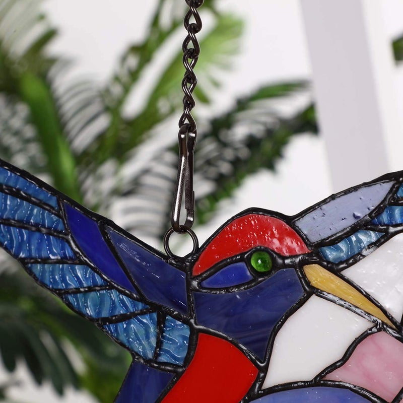 Bieye W10015 Hummingbird Flower Tiffany Style Stained Glass Window Panel Hangings with Chain, Blue, 18" Wide x 9" Tall - Image 3